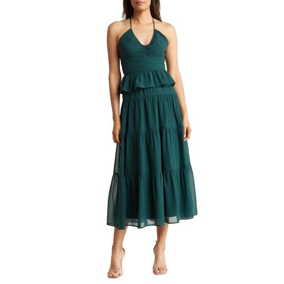 NSR Ruffle MIDI Dress Hunter Green Sz Small - Picture 2 of 3